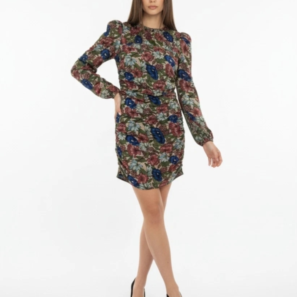 New Floral Dress Size 4 Ruched Bodycon Artsy Puff Long Sleeve By Walter Baker